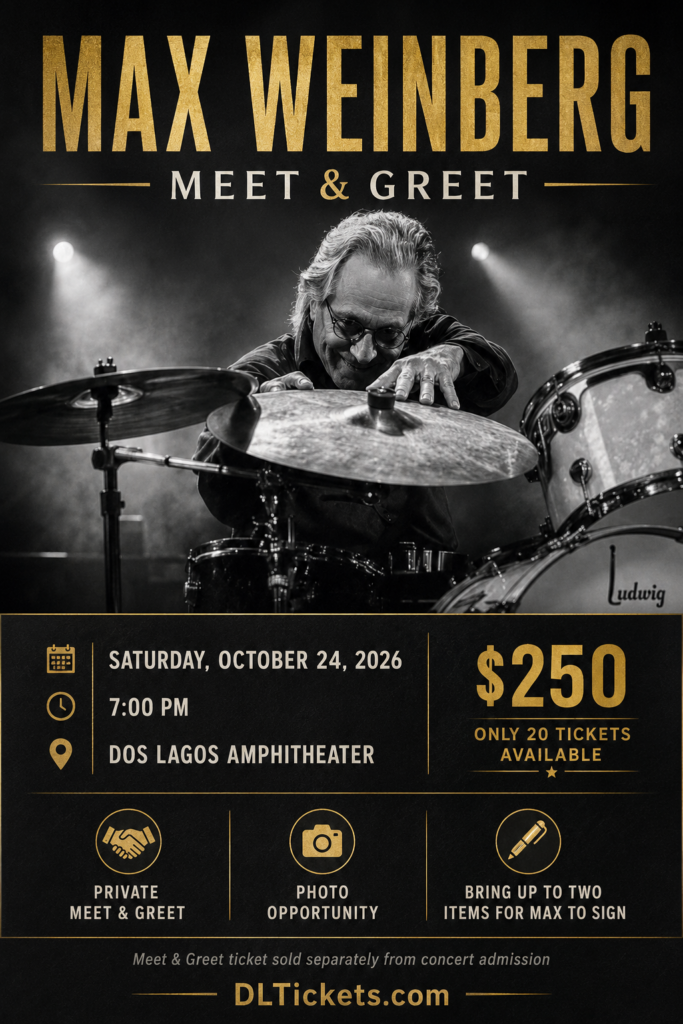 Max Weinberg Meet & Greet promotional poster for Saturday, October 24, 2026 at 7:00 PM at Dos Lagos Amphitheater.